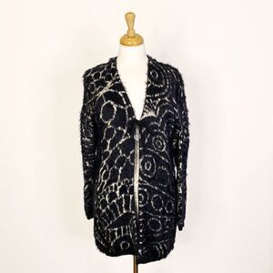 Save The Queen Black and White Longline Wool Blend Fuzzy Cardigan
